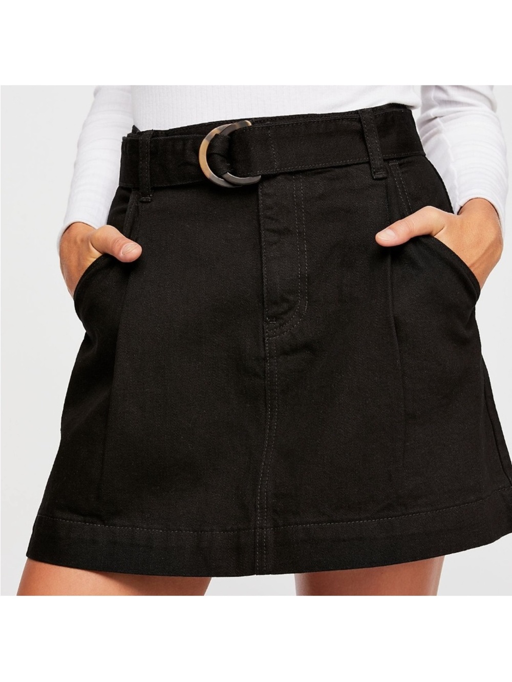 Free People We The Free Black Denim Mini Skirt Size 28 Belted Cotton A-Line